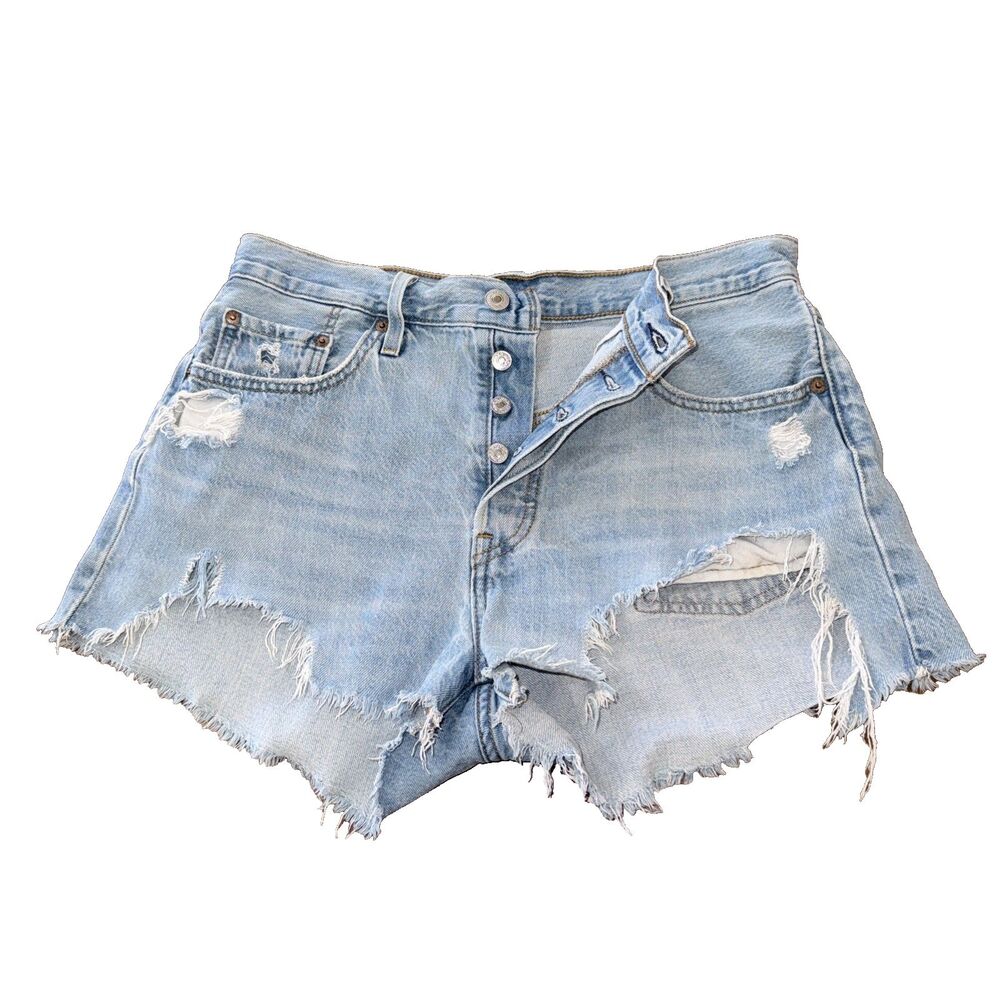 Levis 501 Jeans Cut Off Shorts Light Wash Distressed Raw Hem Button Fly W29 - Picture 1 of 14